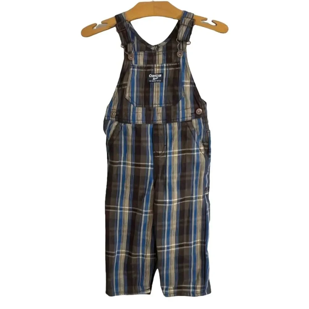 Osh Kosh B'gosh Overalls Vestbak Vintage 24 Mos Plaid Carpenter Pants Brown Blue